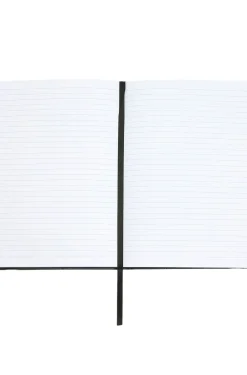 Black faux-leather A5 notebook with signature-stripe strap
