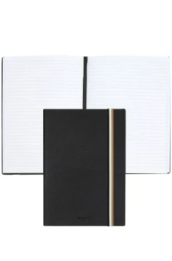 Black faux-leather A5 notebook with signature-stripe strap
