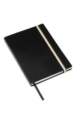 Black faux-leather A5 notebook with signature-stripe strap