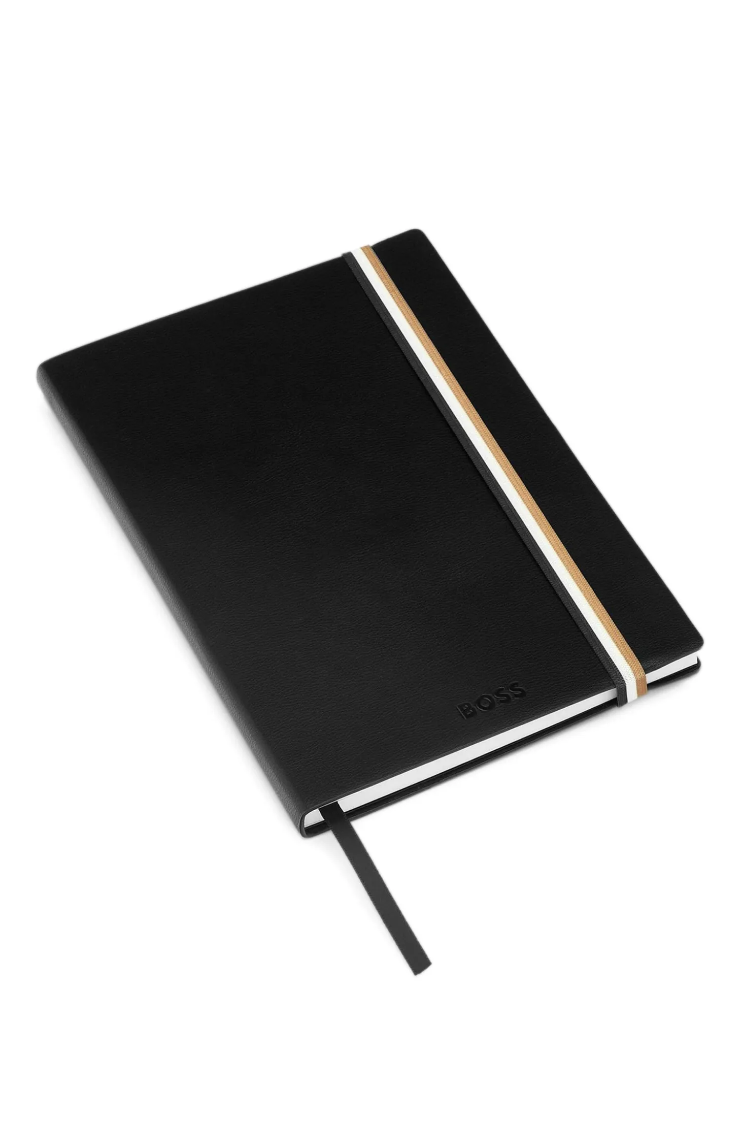 Black faux-leather A5 notebook with signature-stripe strap
