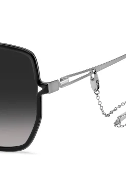 Black-frame sunglasses with forked temples and branded chain