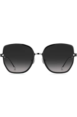 Black-frame sunglasses with forked temples and branded chain