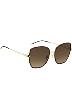 Black-frame sunglasses with forked temples and branded chain