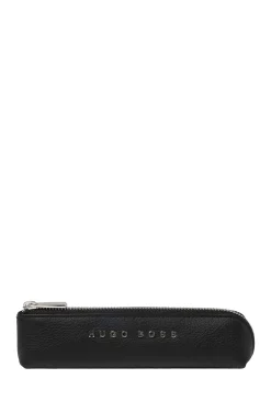 Black-grained-leather pen case with silver-tone logo