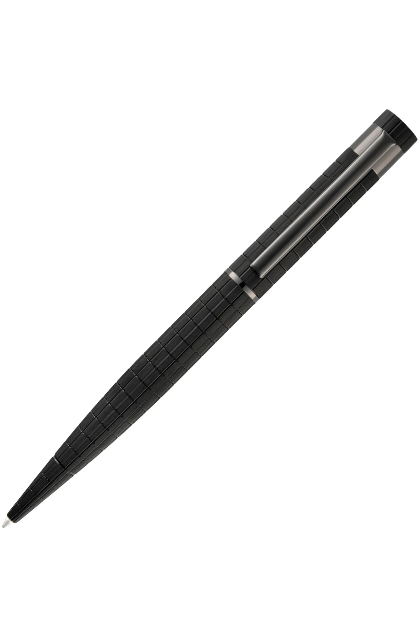 Black grid-textured ballpoint pen with logo trim