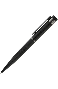 Black grid-textured ballpoint pen with logo trim