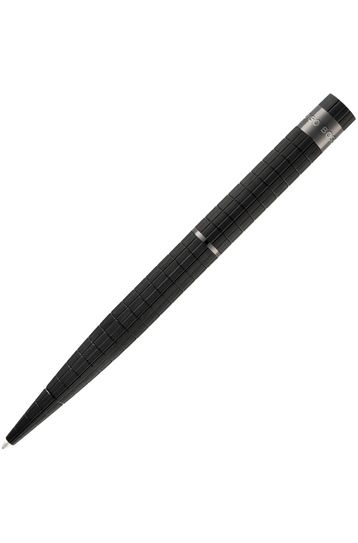 Black grid-textured ballpoint pen with logo trim