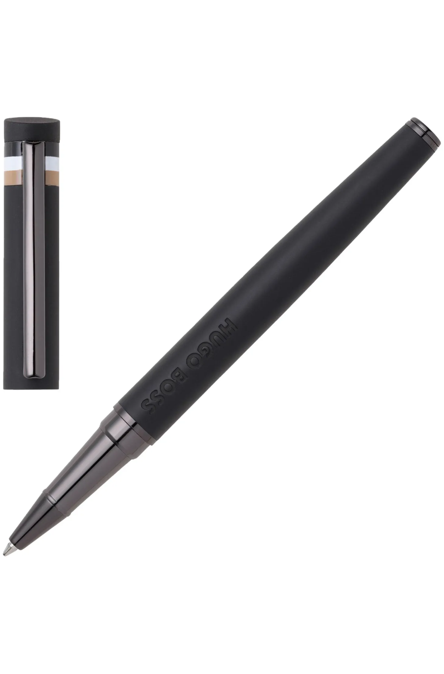 Black logo-detail rollerball pen with signature-stripe cap