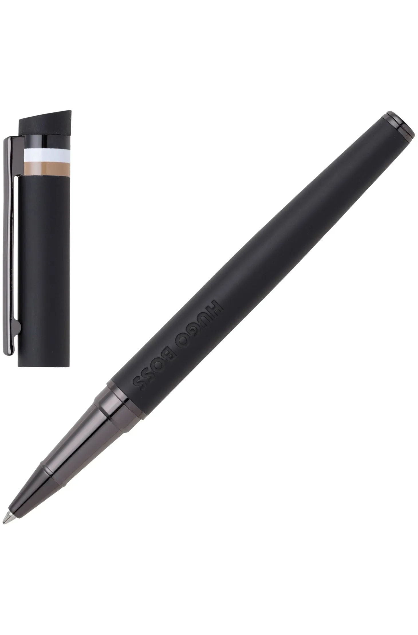 Black logo-detail rollerball pen with signature-stripe cap
