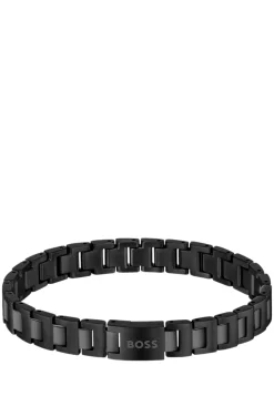 Black-plated link cuff with logo closure