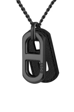 Black-plated necklace with metal link and leather tag