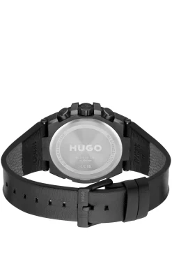 Black-plated watch with leather strap