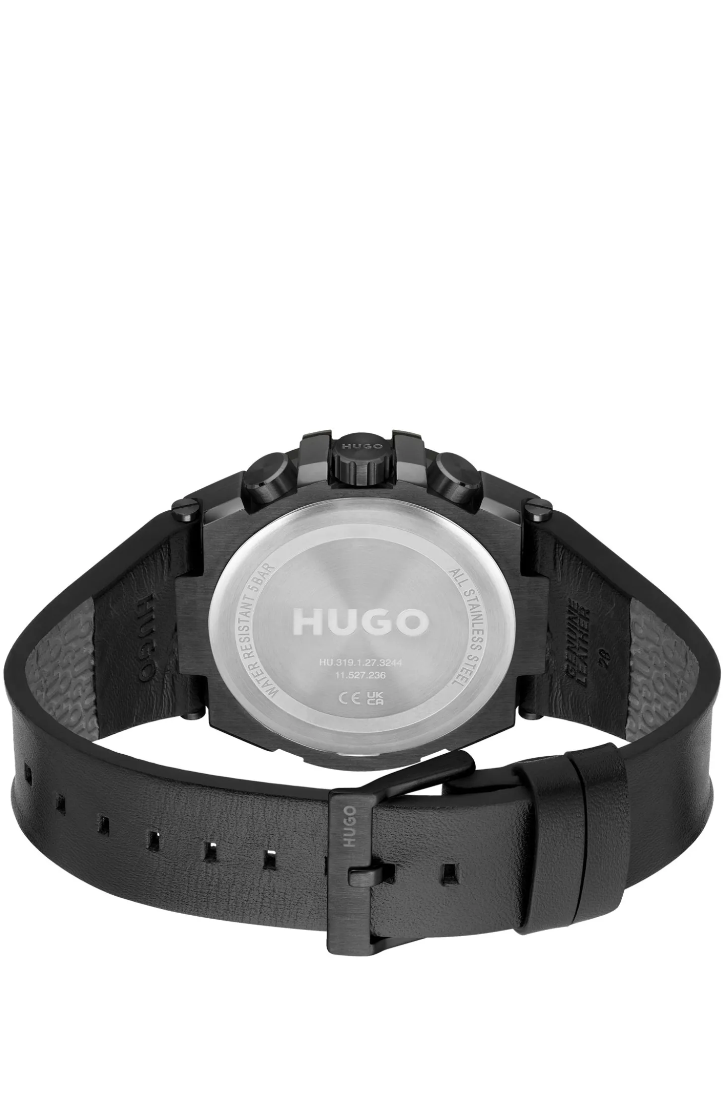 Black-plated watch with leather strap