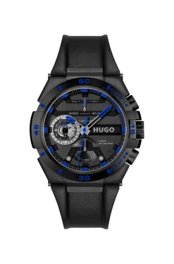 Black-plated watch with leather strap
