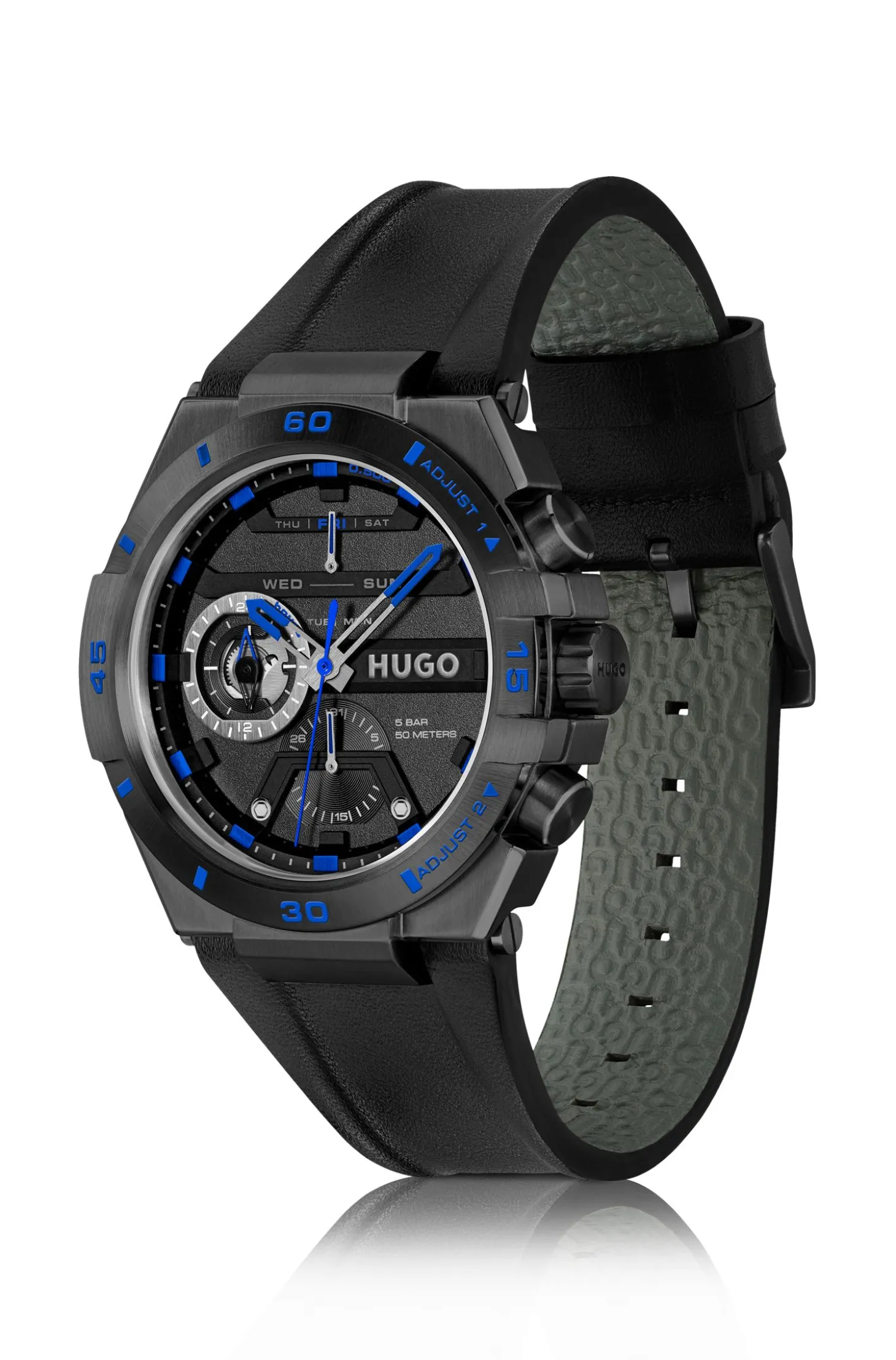 Black-plated watch with leather strap