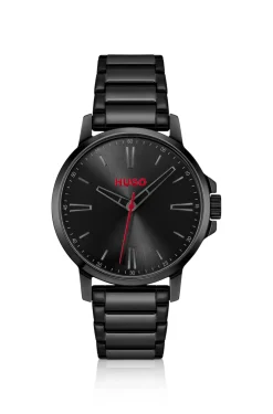 Black-plated watch with tonal steel bracelet