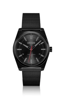 Black-plated watch with tonal mesh bracelet
