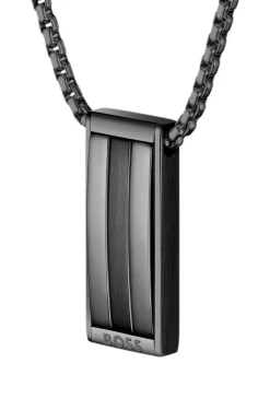 Black stainless-steel necklace with stripe-effect pendant