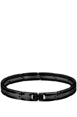 Black stainless-steel striped cuff with logo clasp