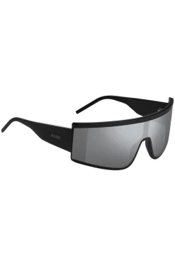 Black unisex shield sunglasses with logo