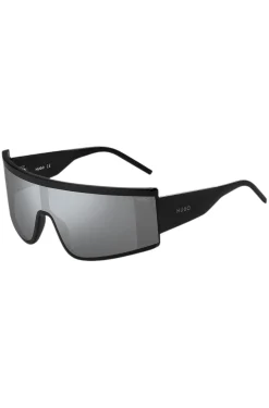 Black unisex shield sunglasses with logo
