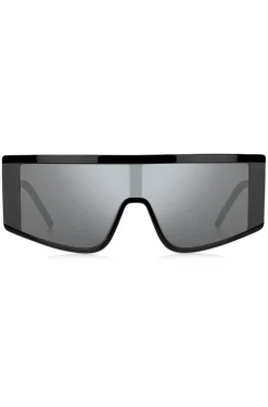 Black unisex shield sunglasses with logo