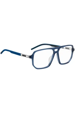 Blue-acetate optical frames with cut-out logo