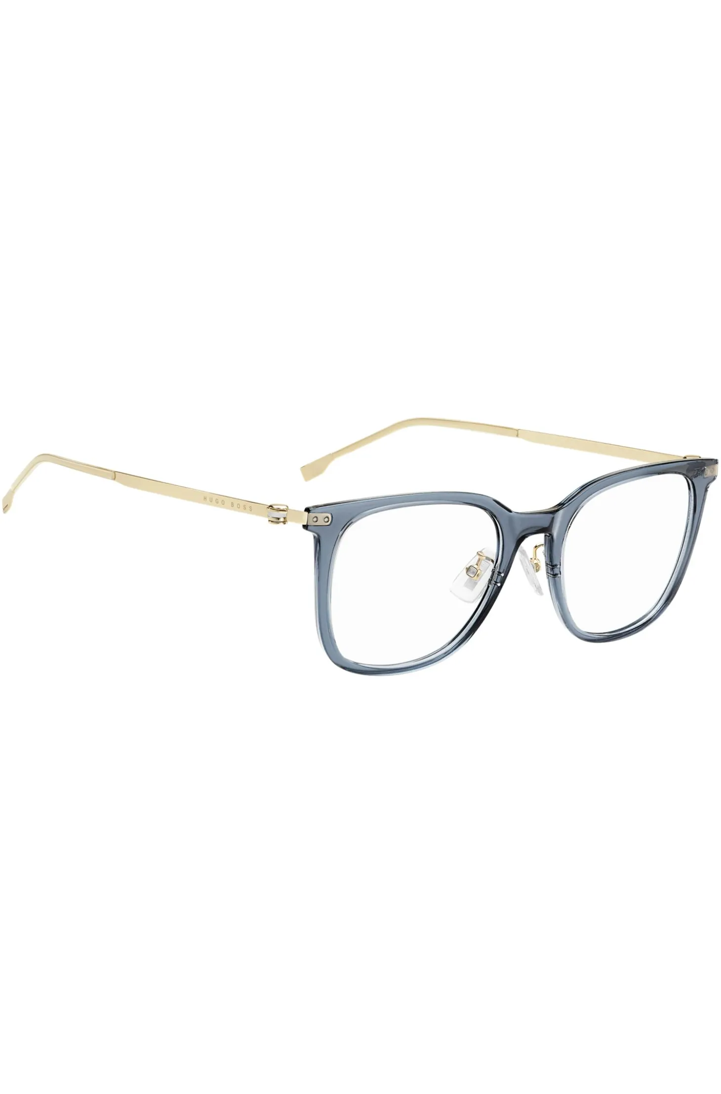 Blue-acetate optical frames with gold-tone temples