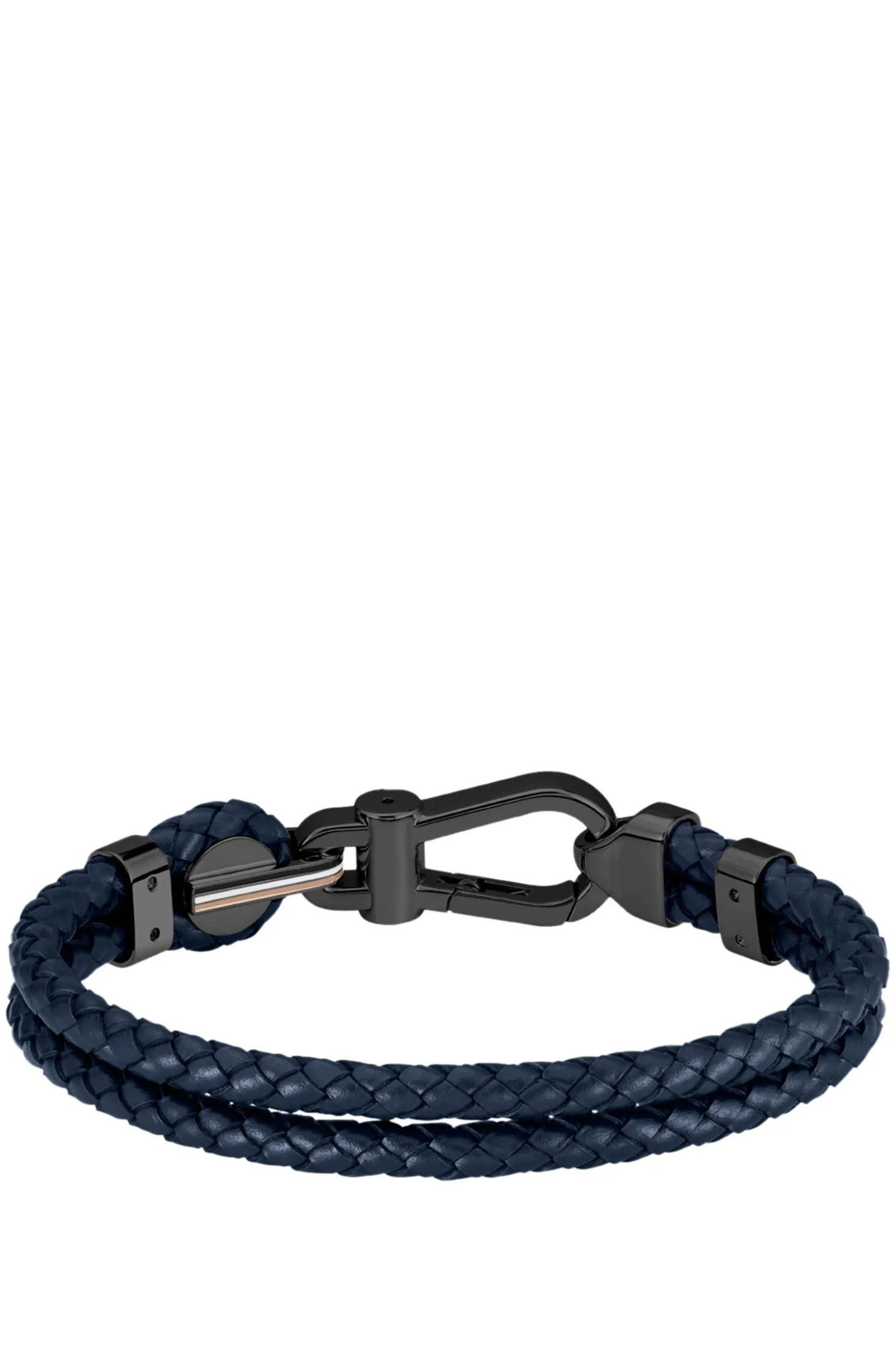 Blue braided-leather cuff with black carabiner closure