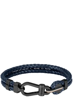 Blue braided-leather cuff with black carabiner closure
