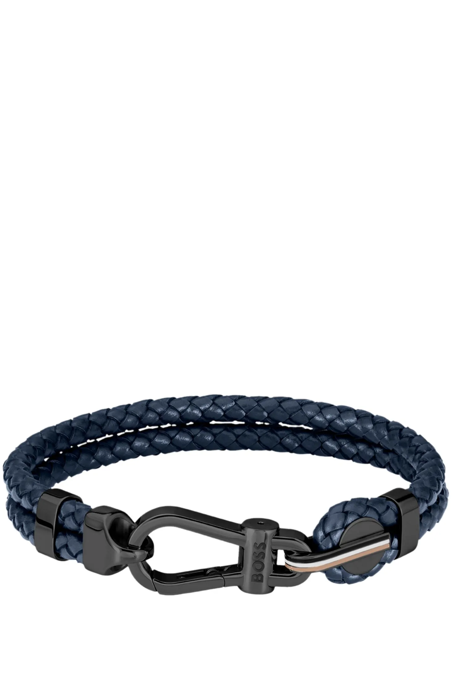 Blue braided-leather cuff with black carabiner closure
