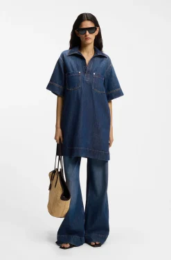 Blue-denim dress with Johnny collar