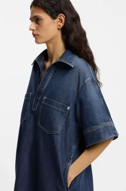 Blue-denim dress with Johnny collar