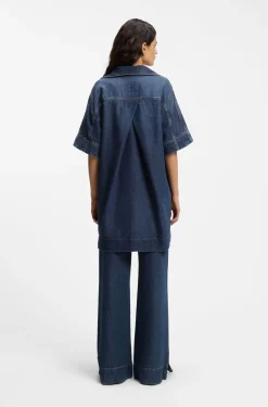 Blue-denim dress with Johnny collar
