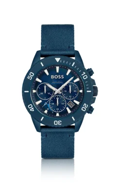 Blue-dial chronograph watch with fabric strap