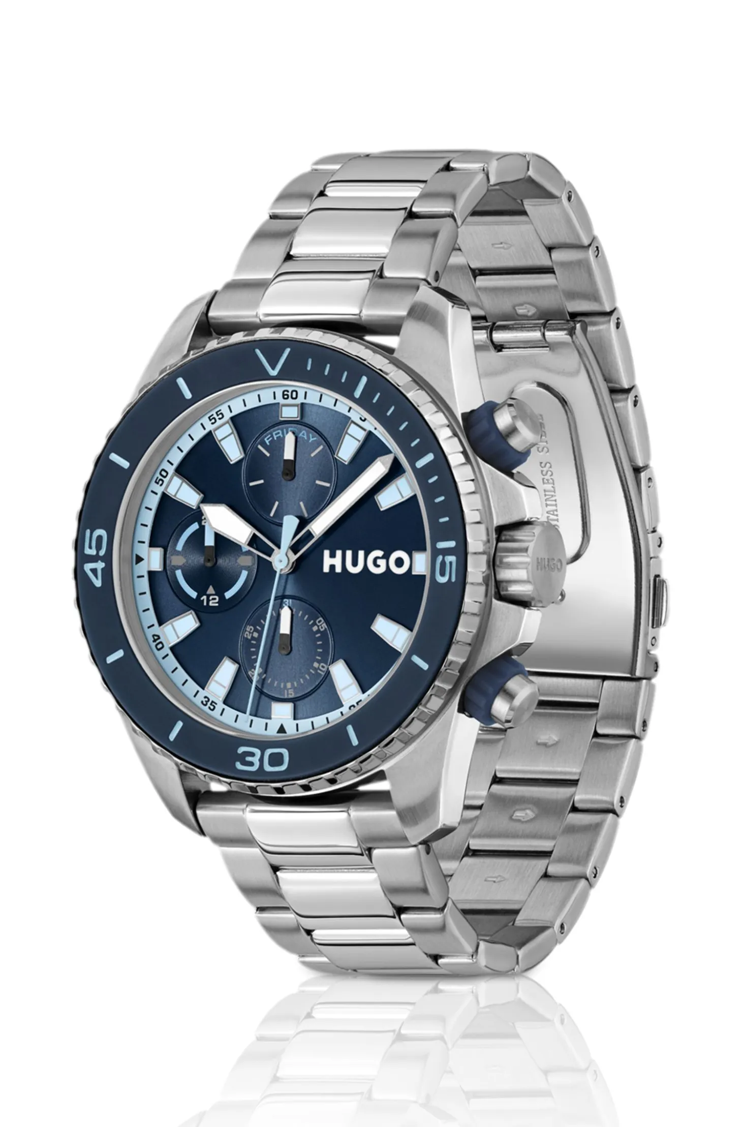 Blue-dial watch with link bracelet