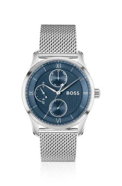 Blue-dial watch with mesh bracelet