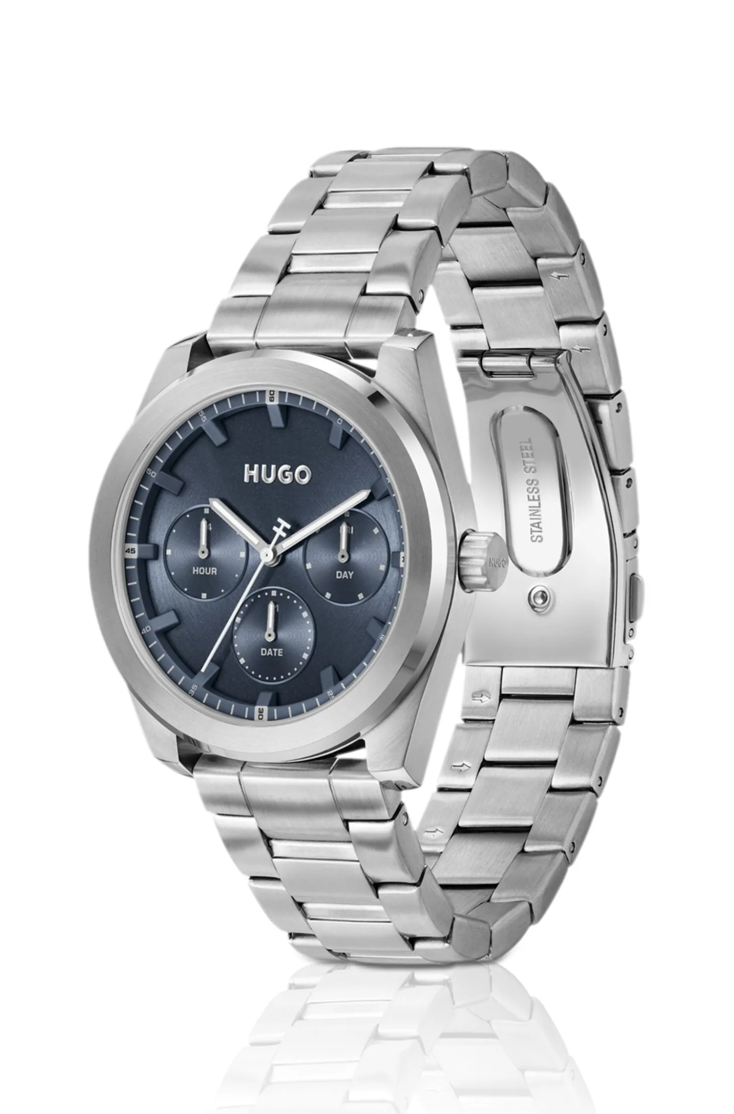 Blue-dial watch with stainless-steel bracelet