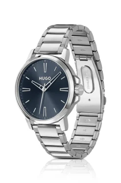Blue-dial watch with steel bracelet