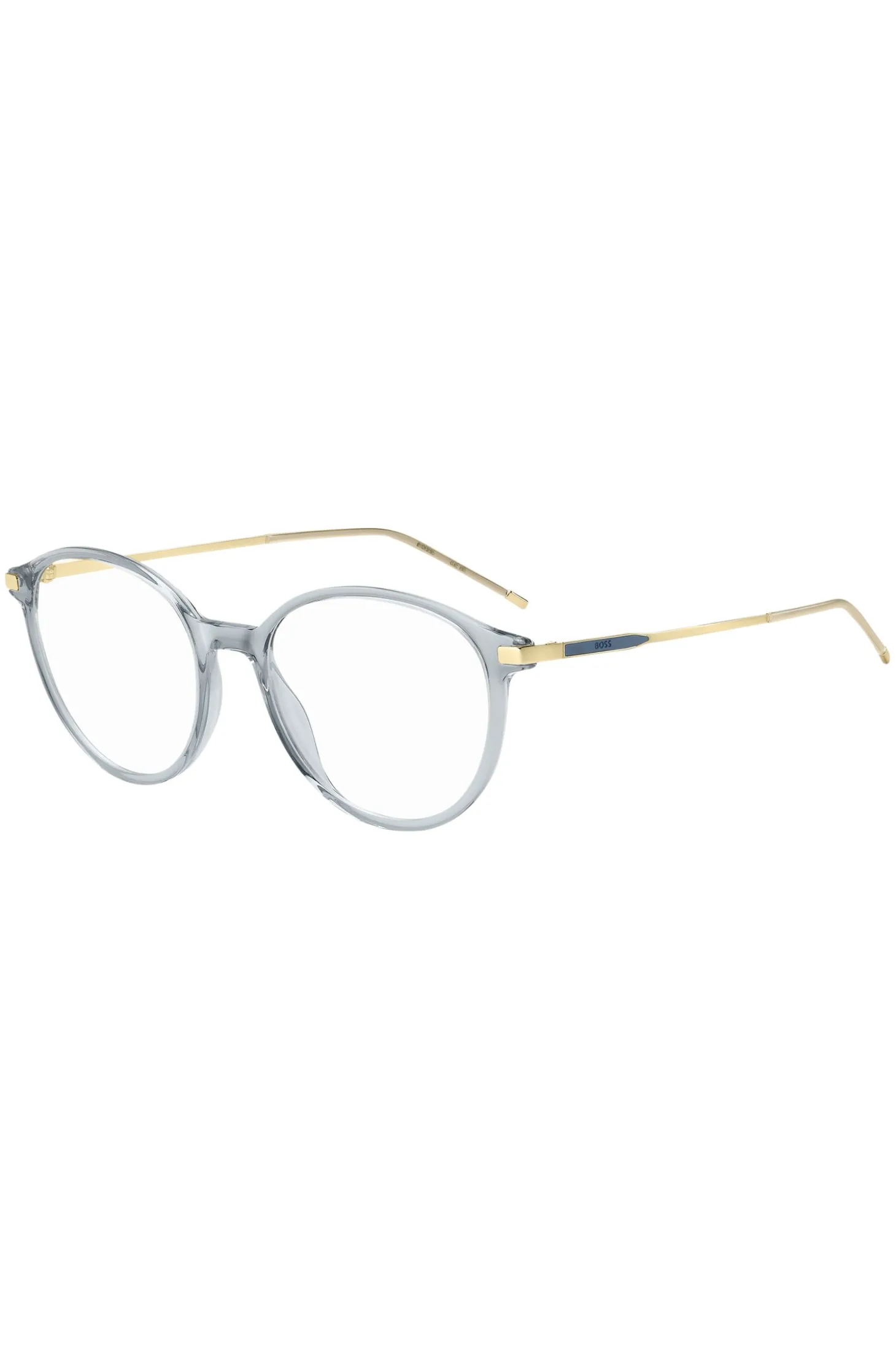 Blue-grey optical frames with gold-tone trims