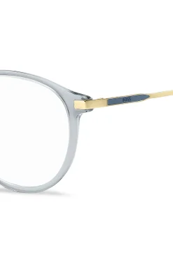 Blue-grey optical frames with gold-tone trims