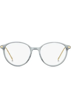 Blue-grey optical frames with gold-tone trims