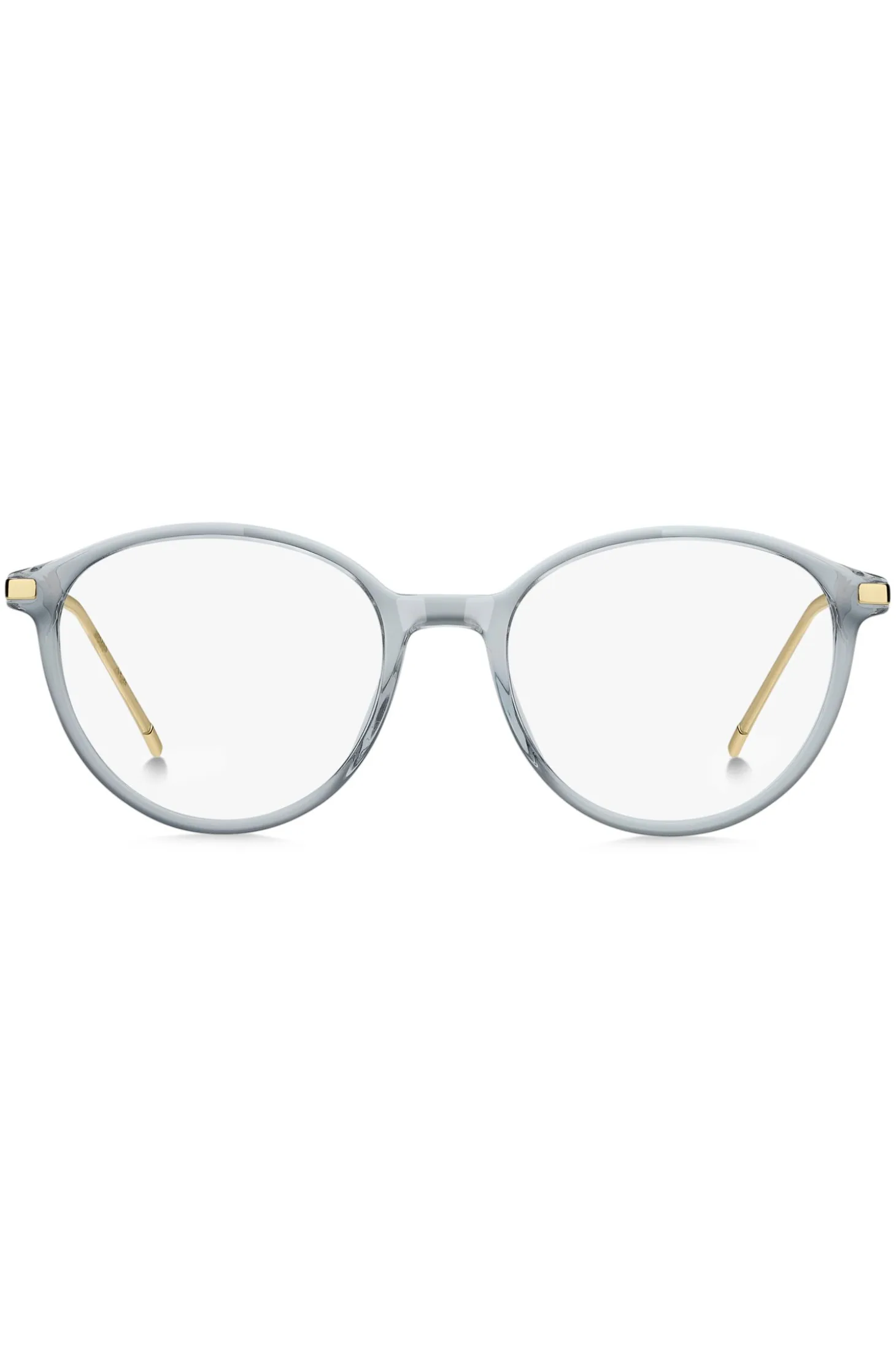 Blue-grey optical frames with gold-tone trims