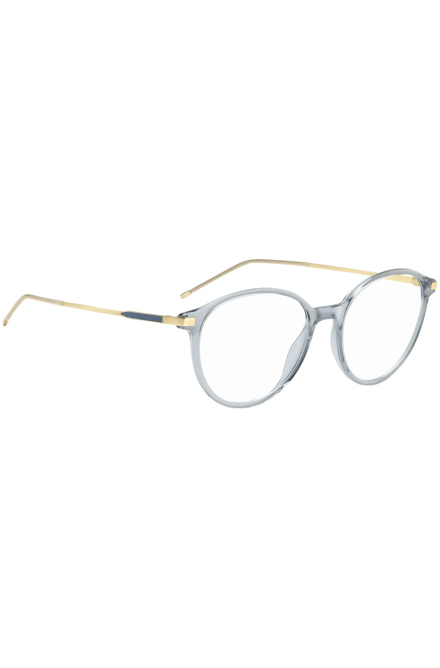 Blue-grey optical frames with gold-tone trims