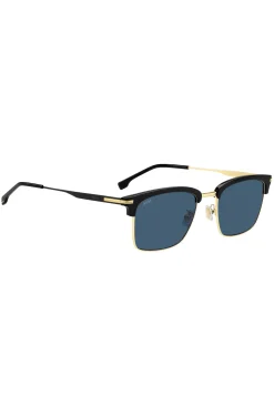 Blue-lens sunglasses with black and gold-tone frames