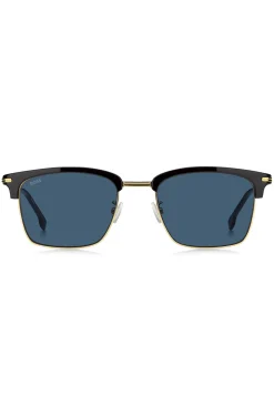 Blue-lens sunglasses with black and gold-tone frames