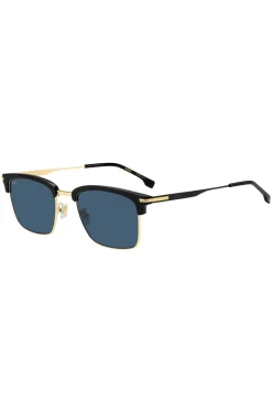 Blue-lens sunglasses with black and gold-tone frames