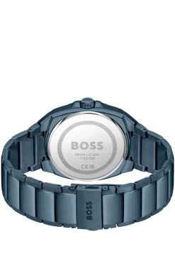 Blue link-bracelet watch with tonal guilloché dial