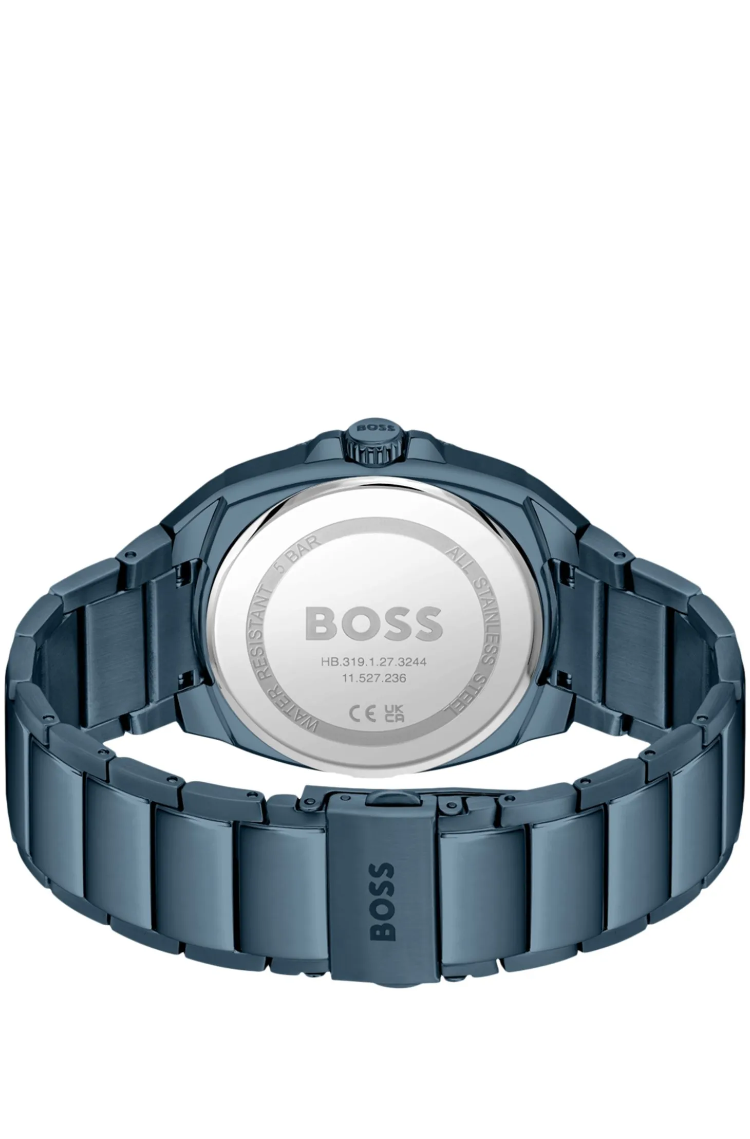 Blue link-bracelet watch with tonal guilloché dial