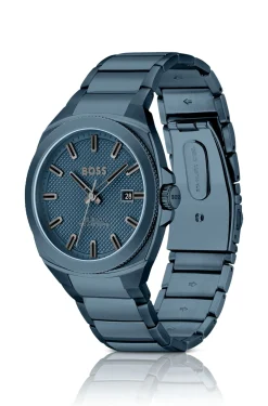 Blue link-bracelet watch with tonal guilloché dial